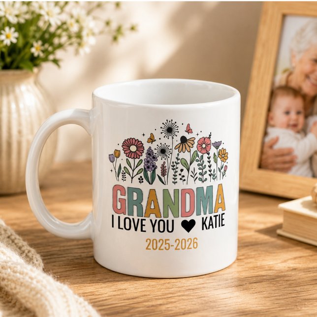 Retro blomma farmor foto | Lyckliga morföräldrar Kaffemugg (Retro Flower Grandma Photo | Happy Grandparents Coffee Mug)