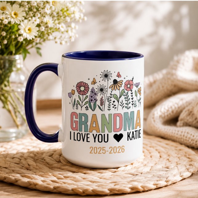 Retro blomma farmor foto | Lyckliga morföräldrar Mugg (Retro Flower Grandma Photo | Happy Grandparents Mug)