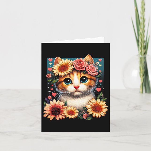 Retro blomma katt kärlek konst kattunge med blommo kort (Framsida)