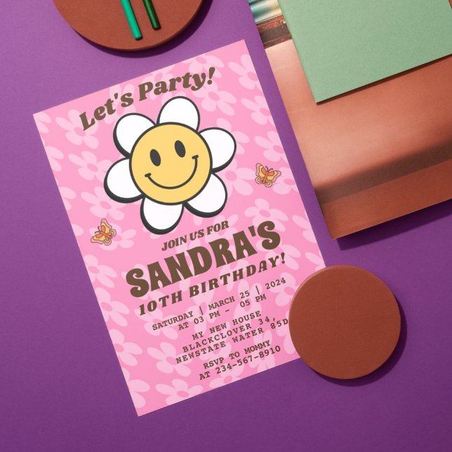 Retro blomma Smile redigerbar inbjudan (Retro Flower Smile Editable Invitation)