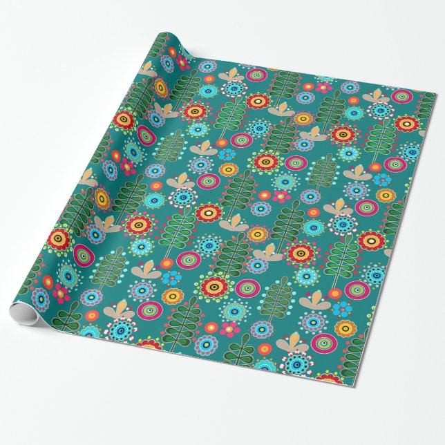 Retro, blomman mönster presentpapper (Utrullad)