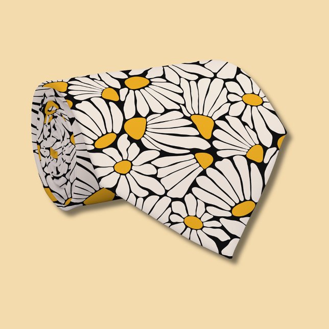 Retro blommande senapsgul kräm svart slips (Retro floral daisy dream tie)