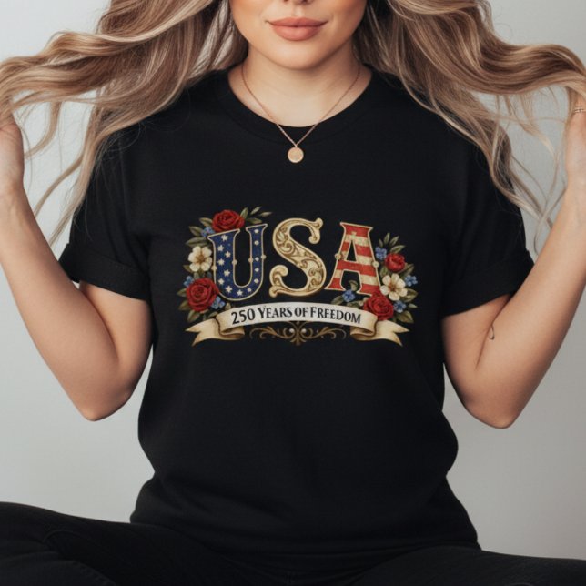 Retro Blommig Amerikansk Jubileum T Shirt (USA 250 Years of Freedom Shirt | Retro Floral American Anniversary Tee | 4th of July Patriotic)