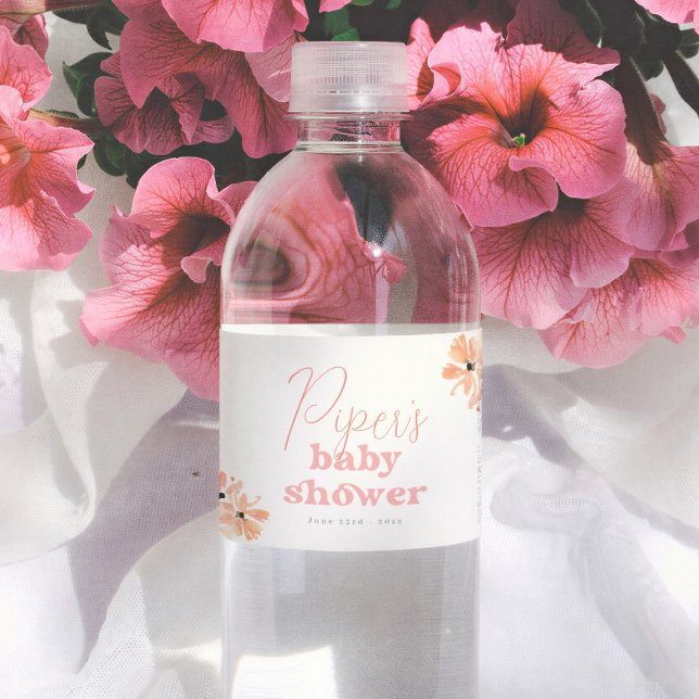 Retro Blommig Boho Flick Baby Shower Vattenflaskor Etikett (Skapare uppladdad)