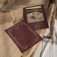 Retro Blommig Burgunder Röd Klack Foto QR-kod Bröl