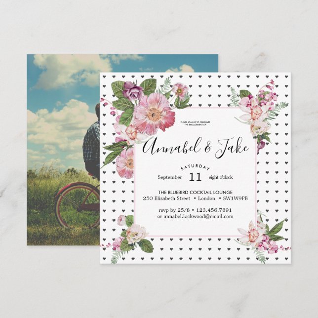 Retro Blommig Förlovningsfest Inbjudningar (Fram/baksida)