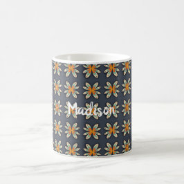 Retro blommig orange marinblå mönster anpassad kaffemugg