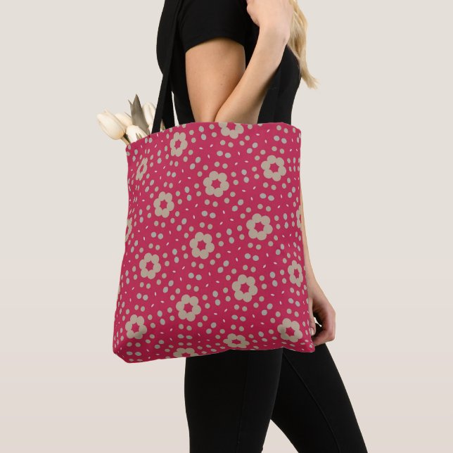 Retro blommig prickig totebössa | Djärvt crimsonrö Tygkasse (Närbild)
