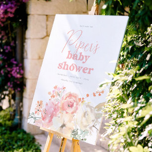 Retro Blommig Rosa Flick Babyshower Välkomstskylt Poster