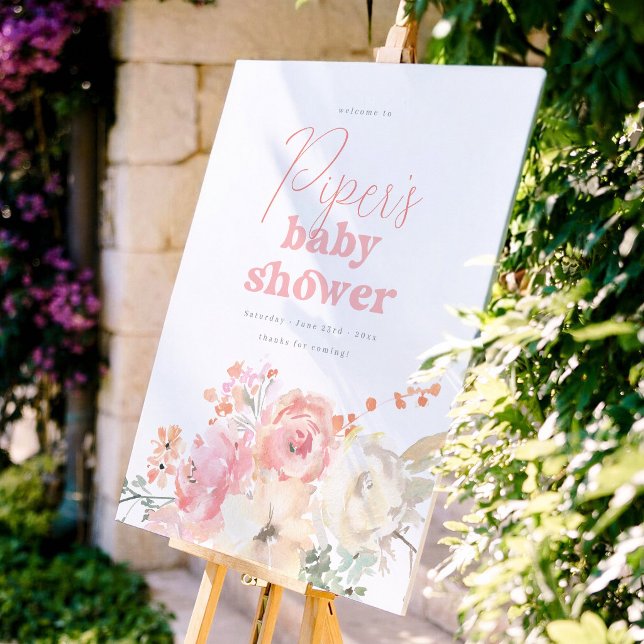 Retro Blommig Rosa Flick Babyshower Välkomstskylt Poster (Skapare uppladdad)