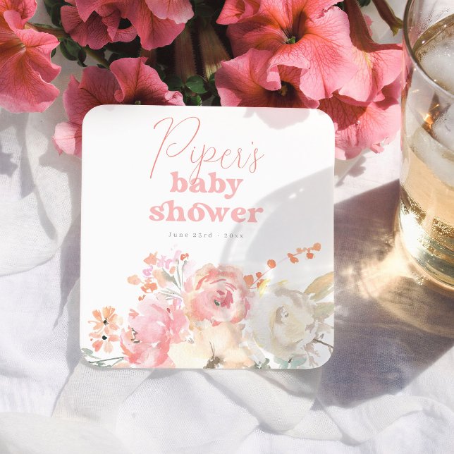 Retro Blommig Rosa Flick Bebis Shower Underlägg Papper Kvadrat (Skapare uppladdad)