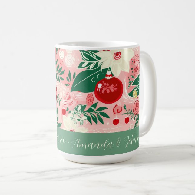 Retro Blommig Rosa Grön Julmugg Kaffemugg (Framsida höger)