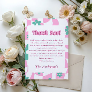 Retro Blommig Rosa Rutig Baby Shower Tack Kort