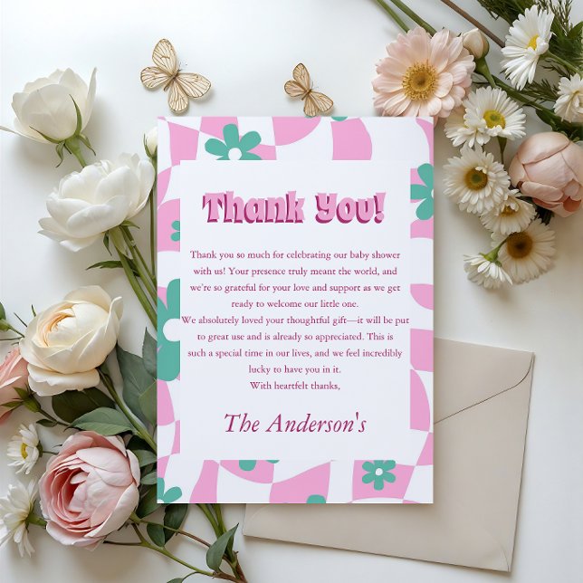 Retro Blommig Rosa Rutig Baby Shower Tack Kort (Skapare uppladdad)