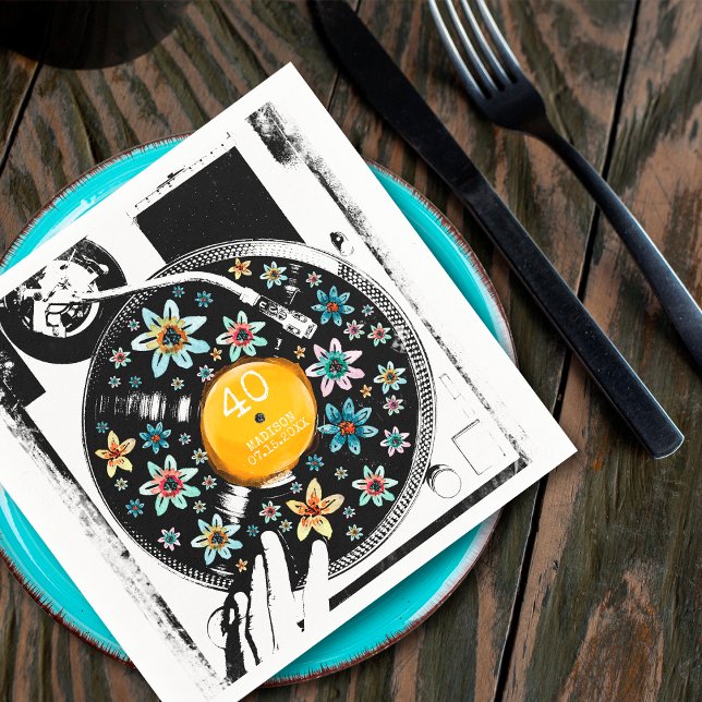 Retro Blommig Skivspelare Vinyl Födelsedag Personl Pappersservett (Skapare uppladdad)