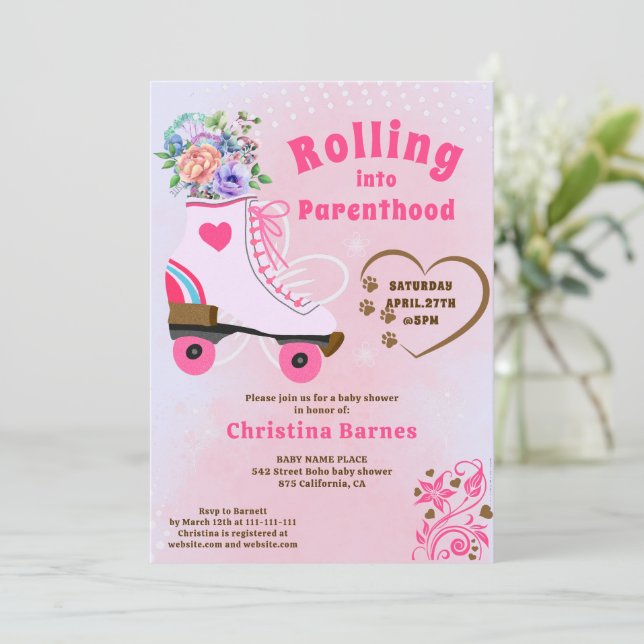 Retro blommig turkos rullskridsko boho baby shower inbjudningar (Stående Fram)