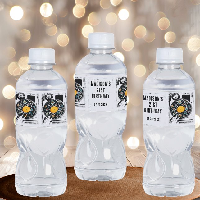 Retro blommig vinylskiva anpassad  vattenflaskor etikett (Skapare uppladdad)