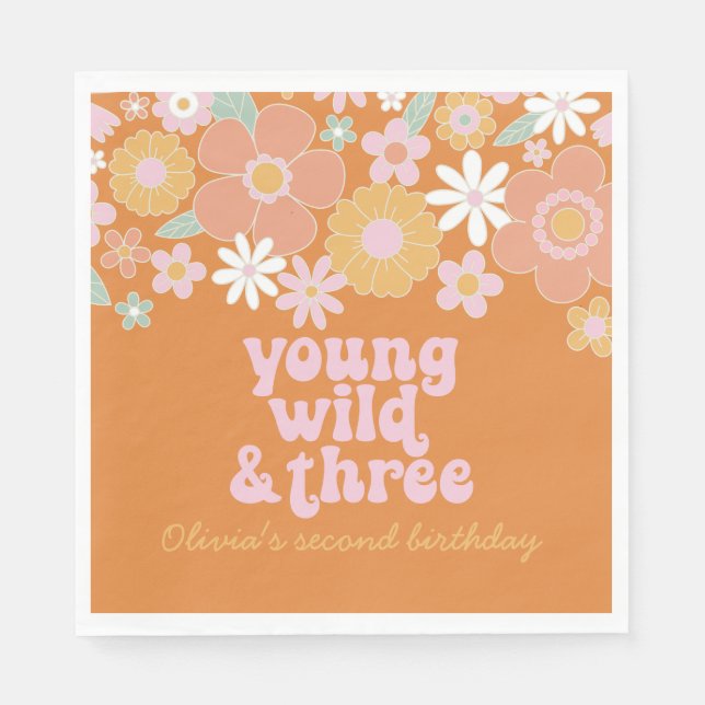 Retro blommig Young Wild Three födelsedags servett (Framsidan)