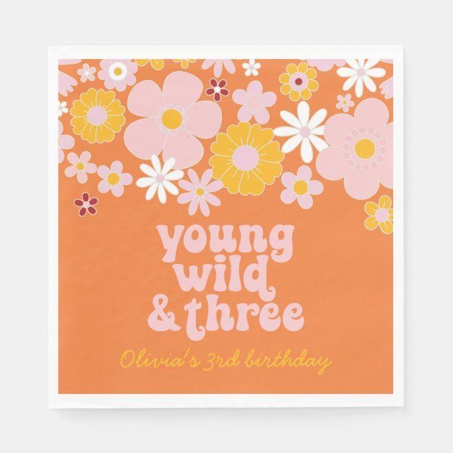 Retro blommig Young Wild Three födelsedags servett (Framsidan)