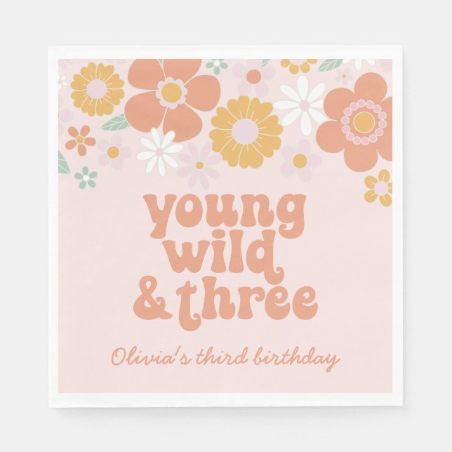 Retro blommig Young Wild Three födelsedags servett (Framsidan)