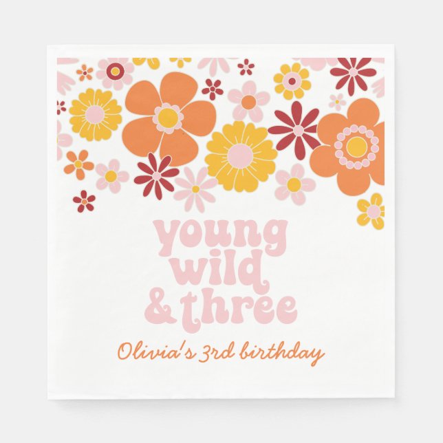 Retro blommig Young Wild Three födelsedags servett (Framsidan)