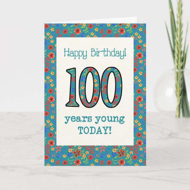 Retro Blommigt Birthday Card 100 Years Young Kort (Framsida)
