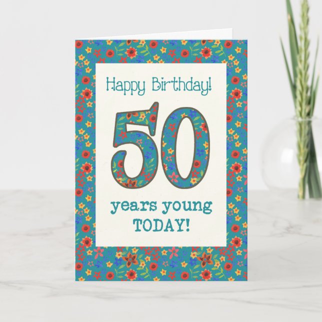 Retro Blommigt Birthday Card 50 Years Young Kort (Framsida)
