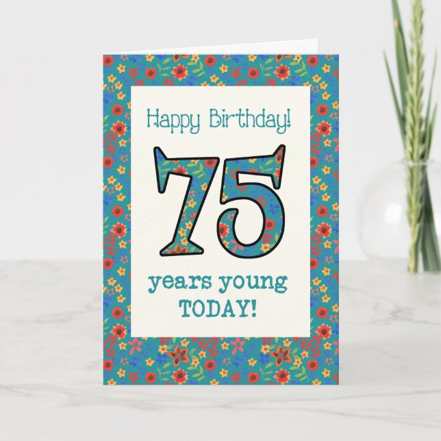 Retro Blommigt Birthday Card 75 Years Young Kort (Framsida)