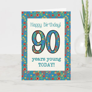 Retro Blommigt Birthday Card 90 år unga Kort
