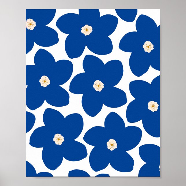 Retro Blommigt Blue och White Flowers Poster (Framsidan)