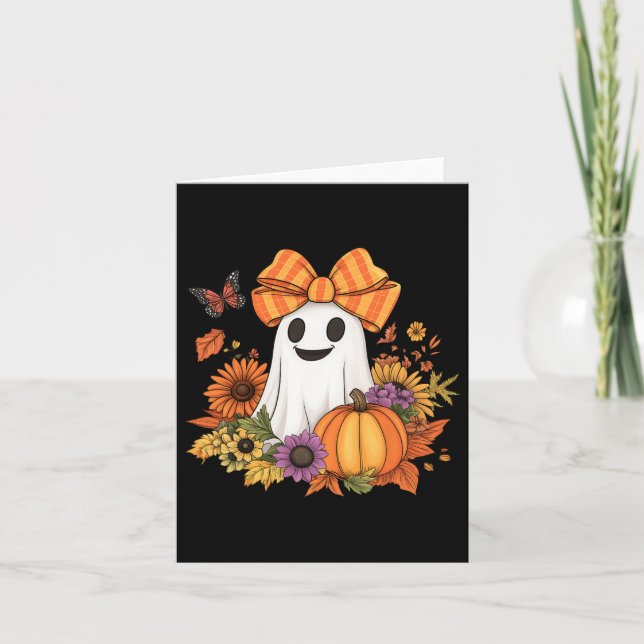Retro Blommigt Boo Ghost Pumpkin Bow Halloween Kvi Kort (Framsida)