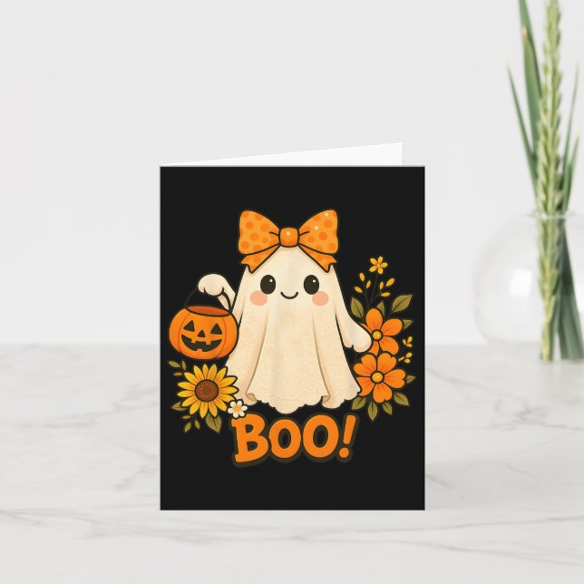 Retro Blommigt Boo Ghost Pumpkin Bow Halloween Kvi Kort (Framsida)