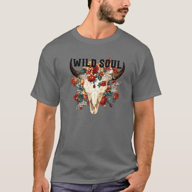 Retro Blommigt Bull Skull Vild Soul Hippie Western T Shirt (Framsida)