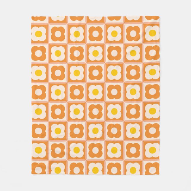 Retro Blommigt Checker Mönster Gult, Orange Fleecefilt (Framsidan)