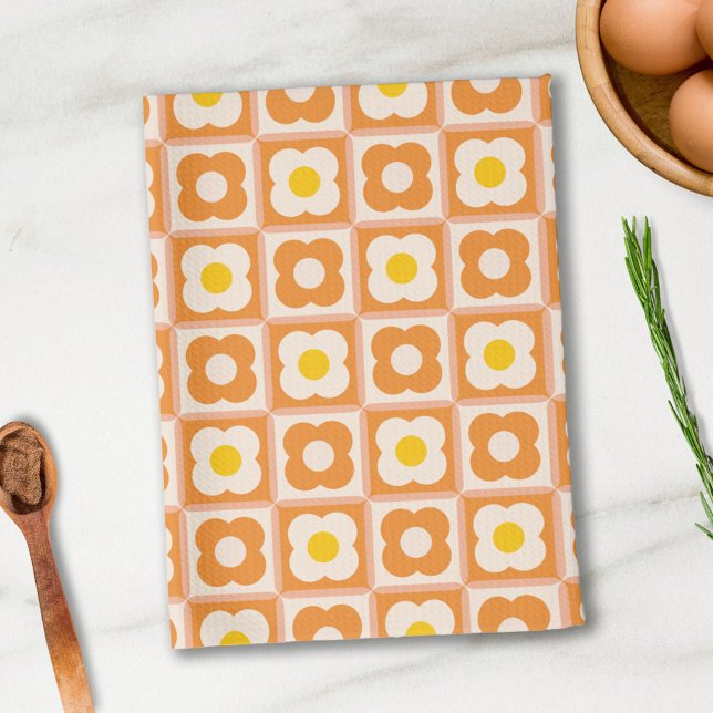 Retro Blommigt Checker Mönster Gult, Orange Kökshandduk (Skapare uppladdad)