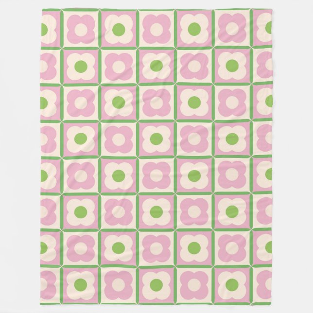 Retro Blommigt Checker Mönster Rosa och Grönt Fleecefilt (Framsidan)
