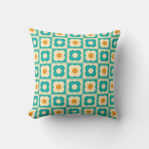 Retro Blommigt Checker Mönster Teal, Cream, Orange Kudde
