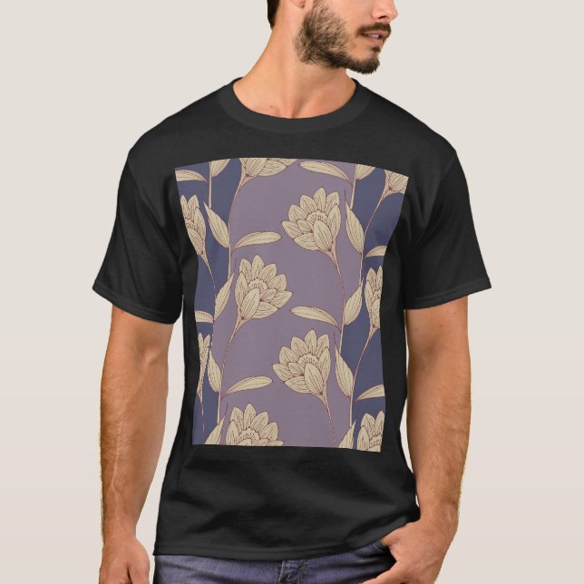 Retro Blommigt Crocus: Blue Mauve Tapet T Shirt (Framsida)