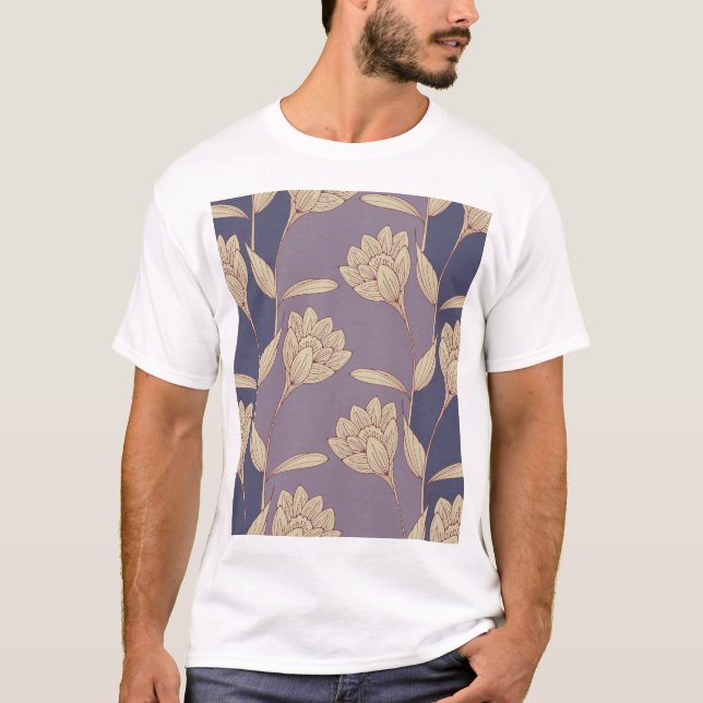 Retro Blommigt Crocus: Blue Mauve Tapet T Shirt (Framsida)