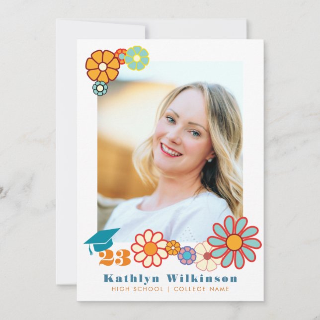 Retro Blommigt Elegant Script Chic Photo Studenten Inbjudningar (Framsida)