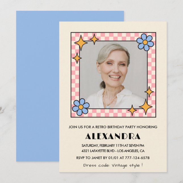 Retro Blommigt Foto 79:e födelsedagsinbjudan blått Inbjudningar (Fram/baksida)