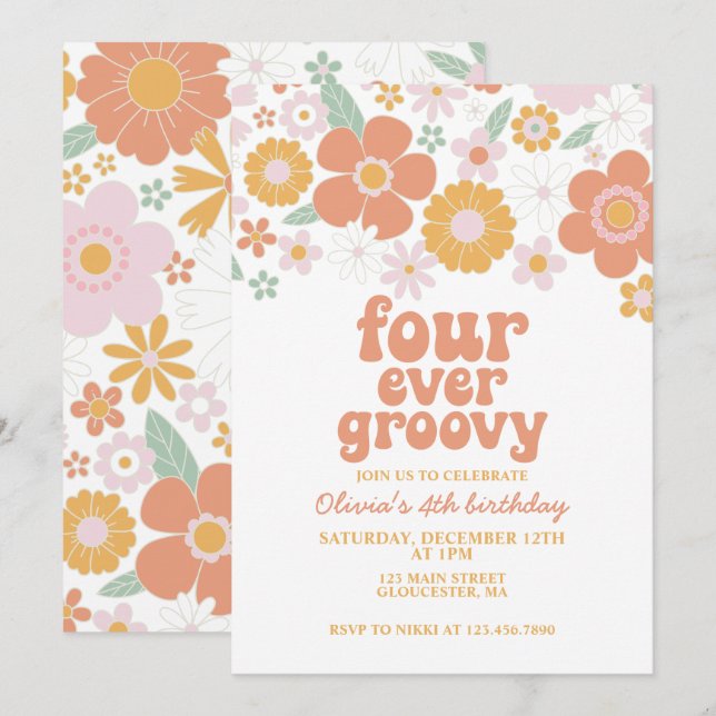 Retro-Blommigt fyra gånger om 4e födelsedagen Inbjudningar (Fram/baksida)