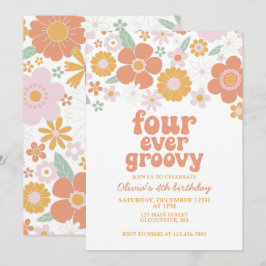 Retro-Blommigt fyra gånger om 4e födelsedagen Inbjudningar