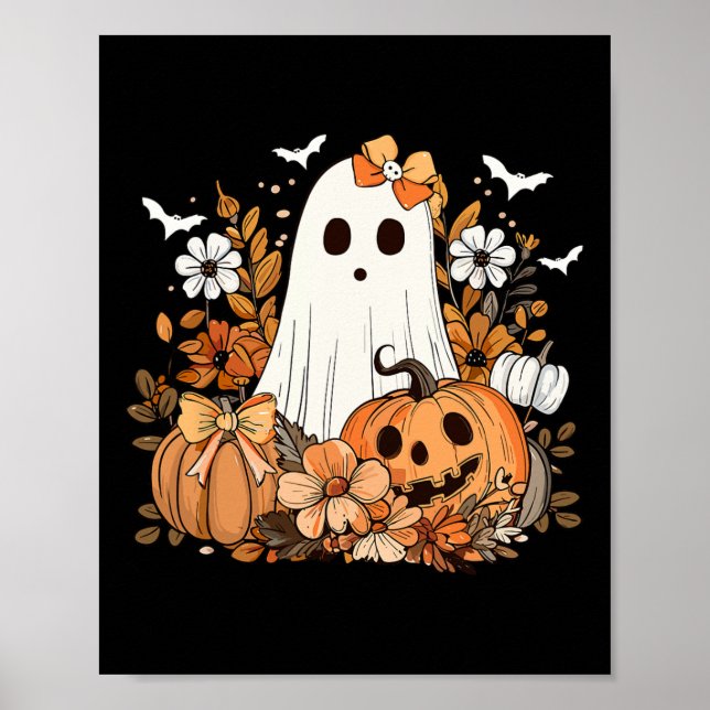 Retro Blommigt Ghost Cute Pumpkin Autumn Halloween Poster (Framsidan)