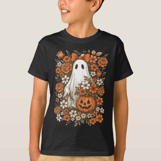 Retro Blommigt Ghost Cute Pumpkin Autumn Halloween T Shirt (Framsida)