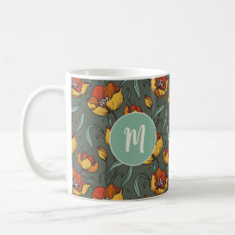Retro Blommigt Grönt Guld Orange Monogram Kaffemugg