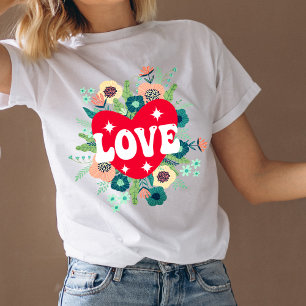 Retro Blommigt Heart Kärlek Alla hjärtans dag T Shirt