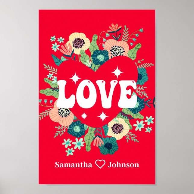 Retro Blommigt Heart Kärlek Red Valentine Day Art Poster (Framsidan)