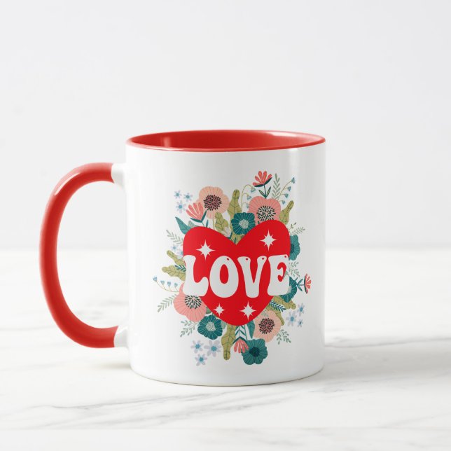Retro Blommigt Heart Kärlek Red Valentine Day Coff Mugg (Vänster)