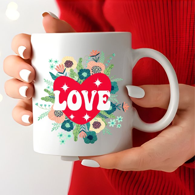 Retro Blommigt Heart Kärlek Red Valentine Day Jumbo Mugg (Skapare uppladdad)